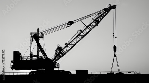 Silhouette of a mobile crane depicted in black and white background