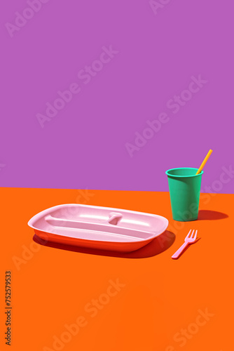 Colorful plastic tableware on vibrant background photo