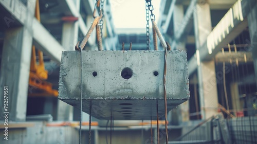 The crane moves a reinforced concrete product with holes, showing reinforced concrete pillars fixed with metal hooks and chains in the background of the plant