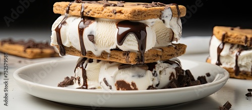 Three chocolate chip ice cream sandwiches, made at home, are neatly stacked on top of each other. The layers of cookies and creamy ice cream are clearly visible, creating a delicious and tempting