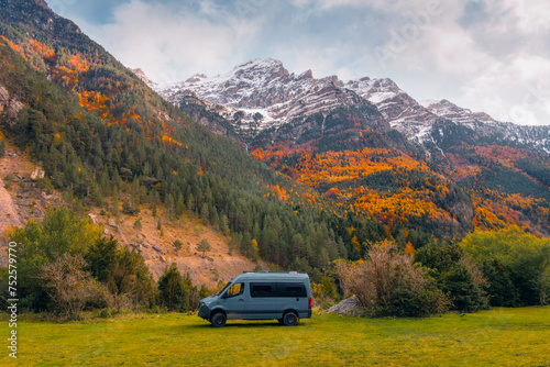 Camper Van in Bujaruelo Valley, Pyrenees during Autumn photo