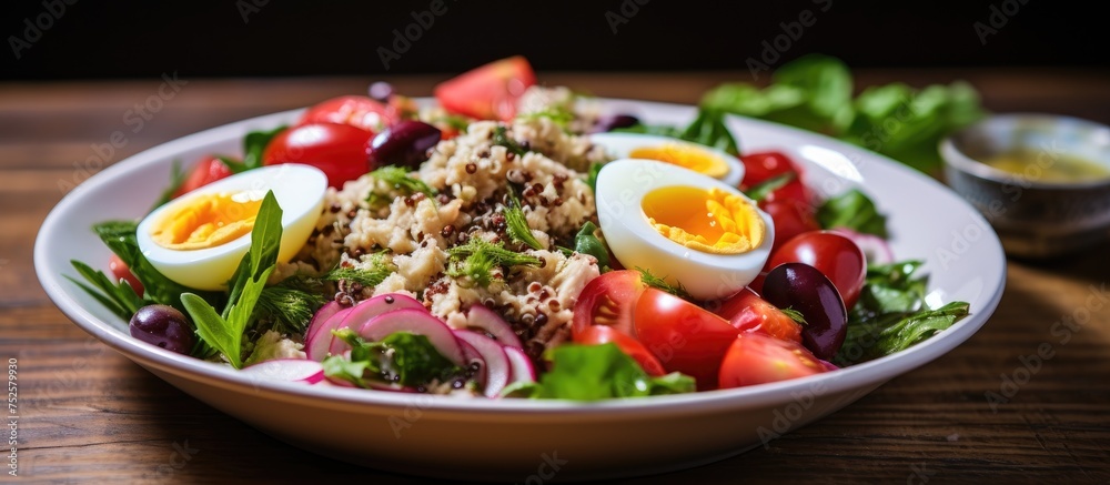 A health-conscious Nicoise salad with a variety of nutritious ingredients such as quinoa, eggs, tuna, and vegetables, topped with hard boiled eggs. A health-conscious Nicoise salad with a variety of nutritious ingredients such as quinoa, eggs, tuna, and vegetables, topped with hard boiled eggs.