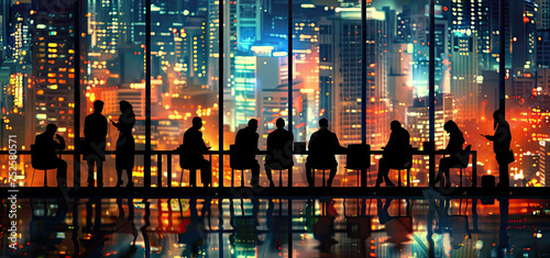 Business concept silhouette over city skyline at night