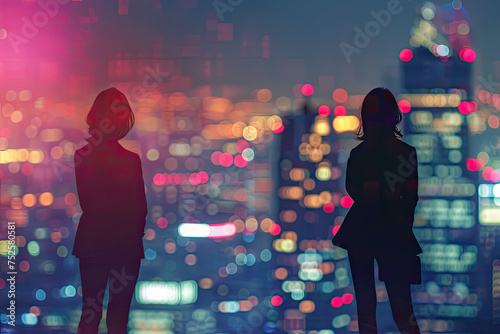 Business concept silhouette over city skyline at night