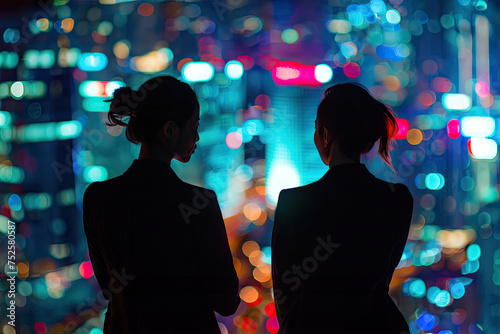 Business concept silhouette over city skyline at night