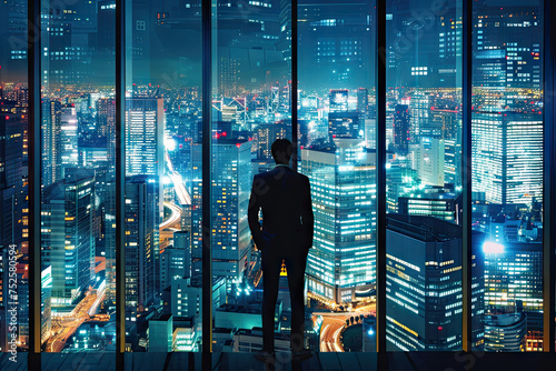 Business concept silhouette over city skyline at night