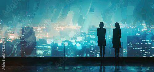 Business concept silhouette over city skyline at night