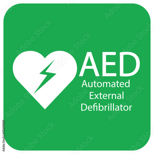AED,automated external defibrillator / aed sign with heart and electricity symbol flat vector icon	
