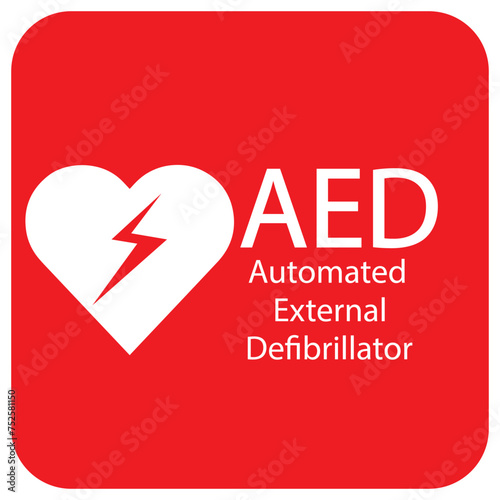 AED,automated external defibrillator / aed sign with heart and electricity symbol flat vector icon	