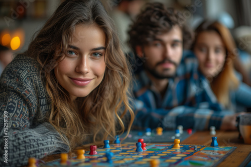 A group of friends playing board games, engaging in friendly competition and laughter-filled moments. Concept of recreational joy. Generative Ai.