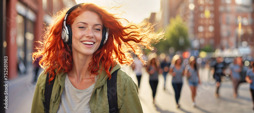 A joyful young woman with red hair and freckles listens to music through headphones connected to her cell phone while walking through the city center. Wellbeing and happiness concept.