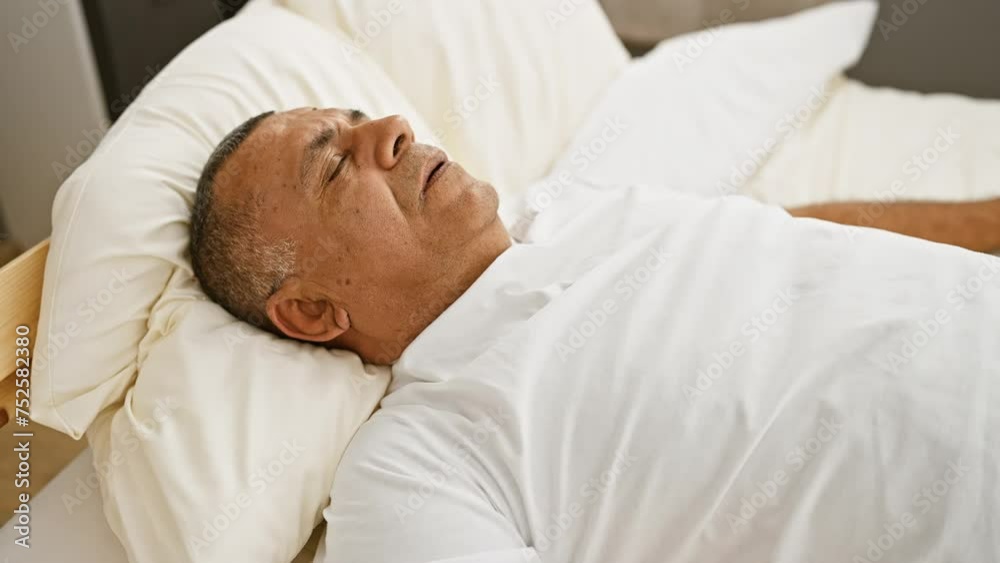 Mature hispanic man sleeping peacefully in a bright and cozy bedroom. Mature hispanic man sleeping peacefully in a bright and cozy bedroom.