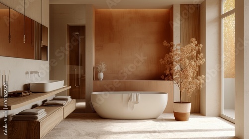A modern bathroom with a large bathtub  sink  window  and corner tree. The room features warm  neutral walls  light gray tiled floor  and a well-lit  relaxing ambiance.