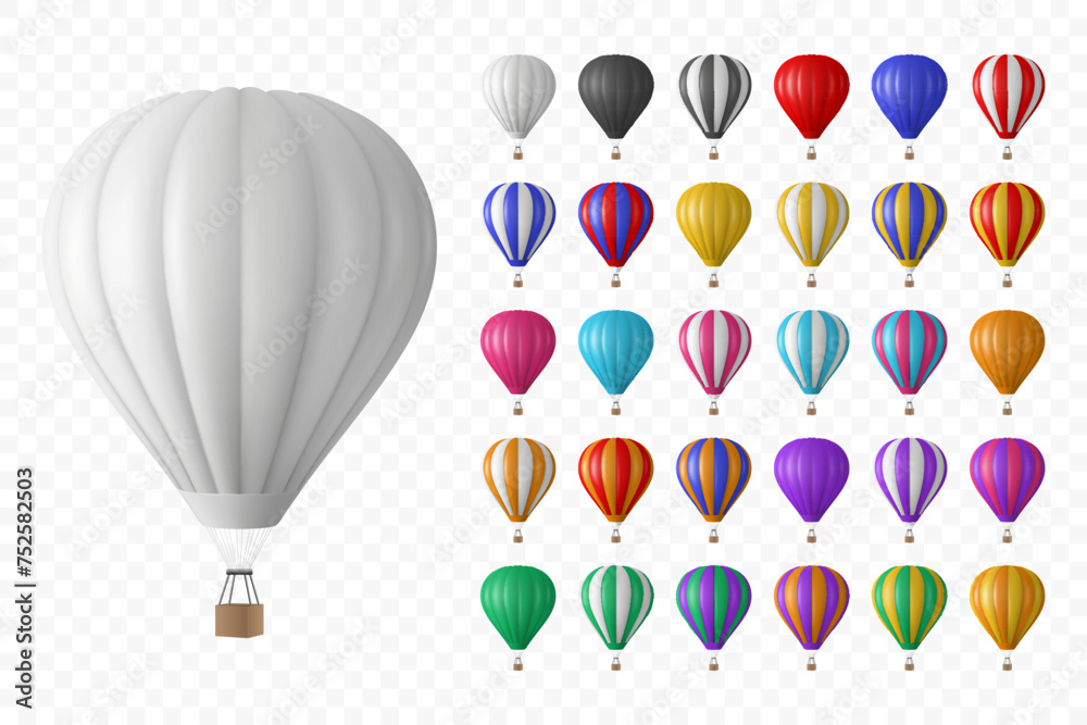 Vector 3d Realistic Hot Air Balloon Icon Set, Isolated. Vector Illustration of an Inflatable Aircraft for Travel, Flight Adventure, Front View. Hot Air Balloons in Different Colors Vector 3d Realistic Hot Air Balloon Icon Set, Isolated. Vector Illustration of an Inflatable Aircraft for Travel, Flight Adventure, Front View. Hot Air Balloons in Different Colors