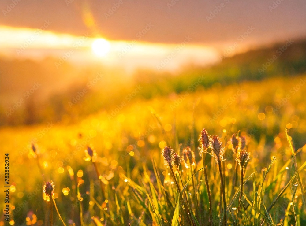 Naklejka premium Colorful spring sunrise on meadow