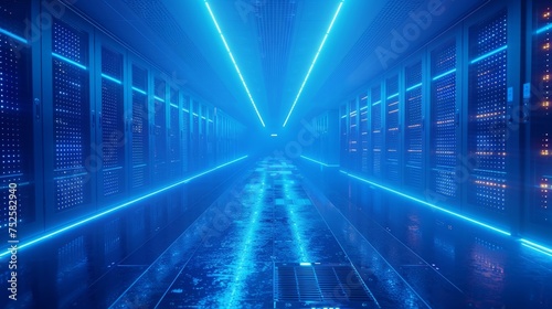 The interior of a large modern server room in a futuristic neon light. Cloud data storage or data center © CaptainMCity