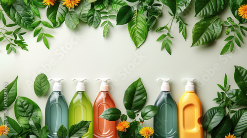 Cleaning concept background with an image of colorful detergent bottles and brushes surrounded by green spring season leaves and copy space