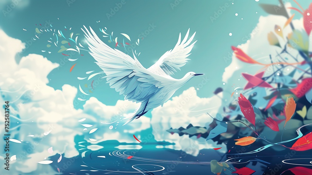 Biały ptak lecący przez pochmurne niebo nad taflą wody, tworząc smugi i gubiąc pióra - obrazy, fototapety, plakaty 
