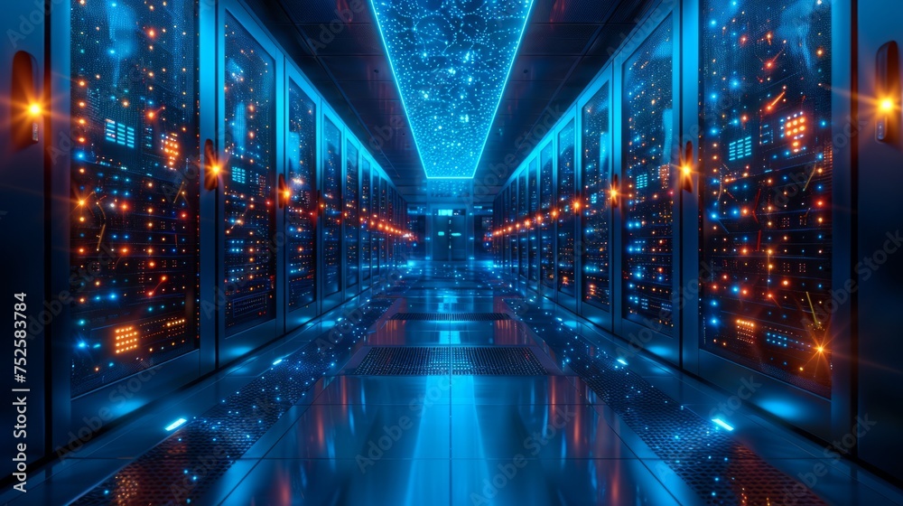 Fototapeta premium The interior of a large modern server room in a futuristic neon light. Cloud data storage or data center