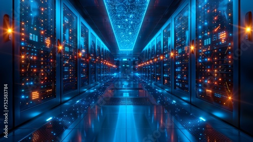 The interior of a large modern server room in a futuristic neon light. Cloud data storage or data center © CaptainMCity