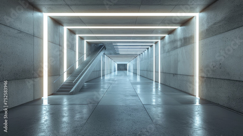 Interior of modern concrete hall, perspective inside garage or hallway with futuristic led light and stairs, long room of underground building. Concept of tunnel, future, construction