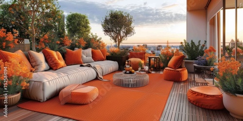 Terraza con flores naranjas plantas y sofás chillout photo