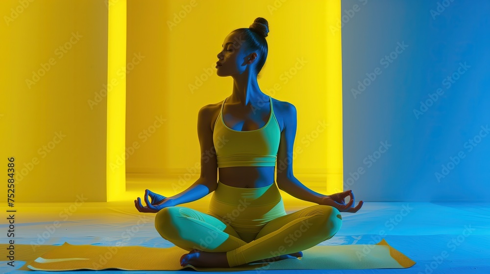 Kobieta wykonuje pozycję jogi siedząc przed tłem w kolorze niebieskim i żółtym. Wyznaje zasady mindfulness i skupia się na medytacyjnych ćwiczeniach. - obrazy, fototapety, plakaty 