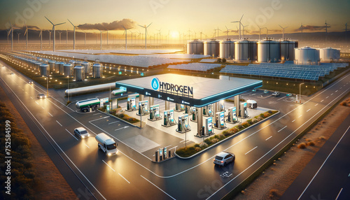 an industrial hydrogen facility with hydrogen tanks featuring a filling station