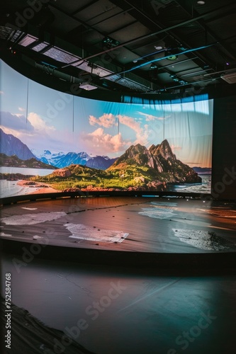 Pantalla gigante en evento tecnológico con un escenario, gran pantalla en una conferencia de tecnología, pantalla grande con un paisaje en un evento photo