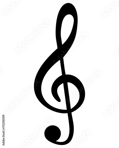 Transparent monochrome PNG of a treble clef as used in sheet music to represent the notes in a song