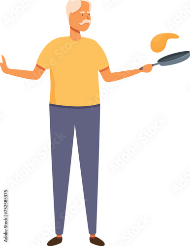 Senior man cooking pancake icon cartoon vector. Culinary at home. Cooking food