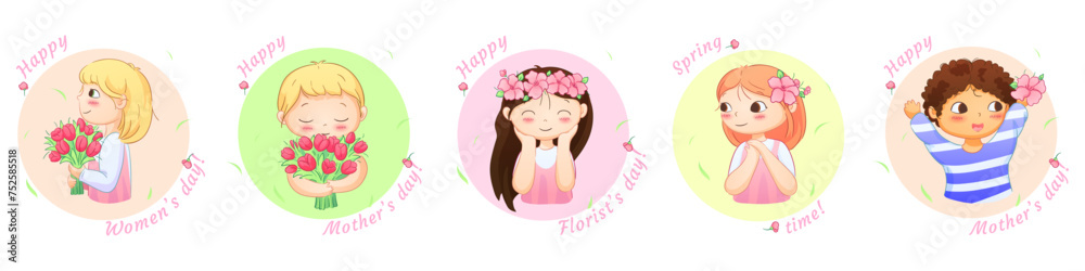 Cute illustrations of boys and girls of various nationalities, perfect for celebrating Mother's Day, International Women's Day, Children's Day, and floral themes. Cute illustrations of boys and girls of various nationalities, perfect for celebrating Mother's Day, International Women's Day, Children's Day, and floral themes.