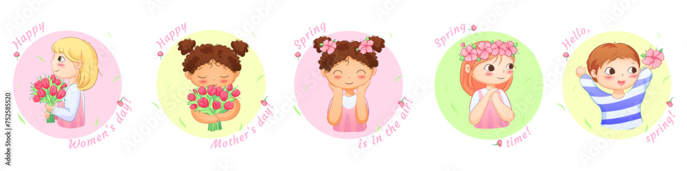 Cute illustrations of boys and girls of various nationalities, perfect for celebrating Mother's Day, International Women's Day, Children's Day, and floral themes. Cute illustrations of boys and girls of various nationalities, perfect for celebrating Mother's Day, International Women's Day, Children's Day, and floral themes.
