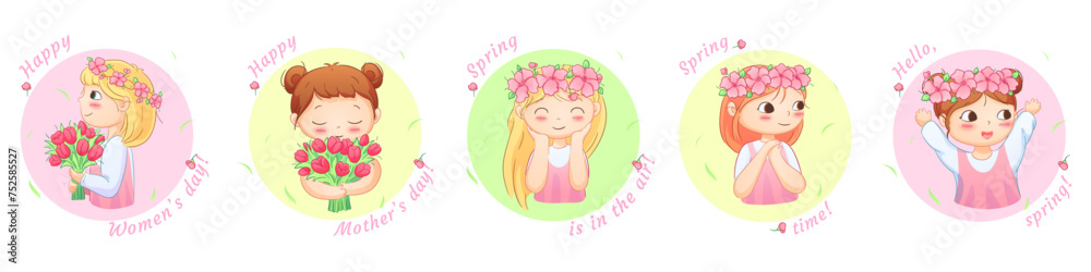 Cute illustrations of boys and girls of various nationalities, perfect for celebrating Mother's Day, International Women's Day, Children's Day, and floral themes. Cute illustrations of boys and girls of various nationalities, perfect for celebrating Mother's Day, International Women's Day, Children's Day, and floral themes.