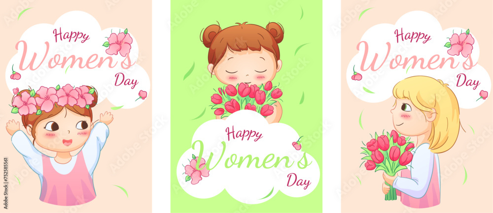 Cute illustrations of boys and girls of various nationalities, perfect for celebrating Mother's Day, International Women's Day, Children's Day, and floral themes.