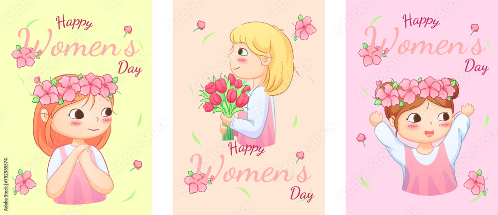 Cute illustrations of boys and girls of various nationalities, perfect for celebrating Mother's Day, International Women's Day, Children's Day, and floral themes.