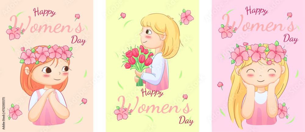 Cute illustrations of boys and girls of various nationalities, perfect for celebrating Mother's Day, International Women's Day, Children's Day, and floral themes.