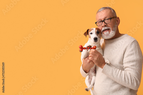 Senior man with cute dog and toy on yellow background