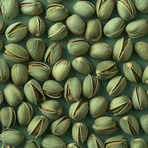 Top view of multiple pistachios scattered over a green surface, natural look