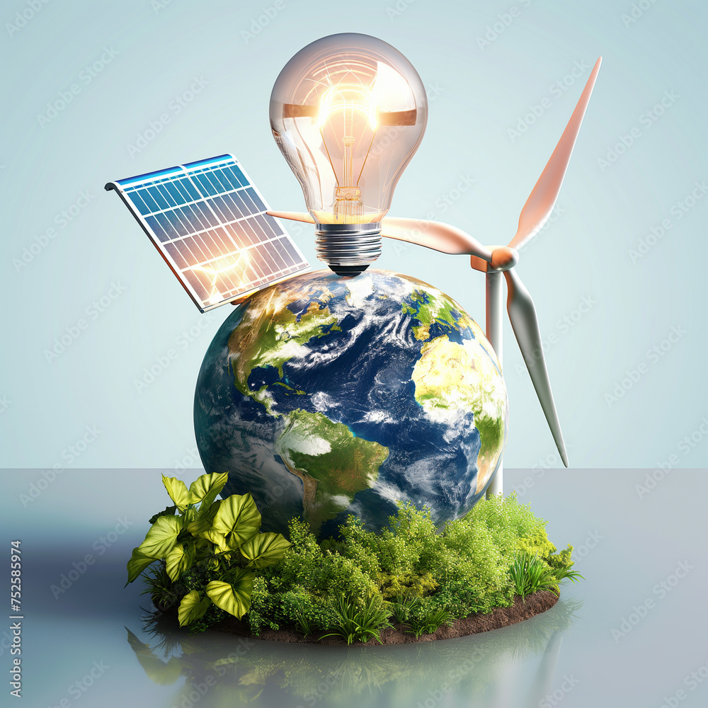 Odnawialne, zielone, ekologiczne źródła energii. Turbiny wiatrowe i panele fotowoltaiczne  - obrazy, fototapety, plakaty 