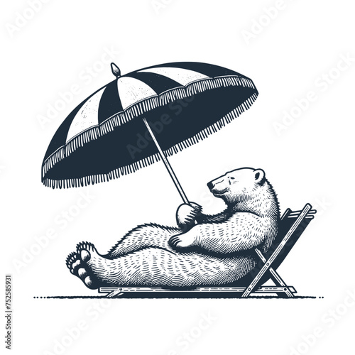 Polar Bear in a Sunbead under Sun Umbrella. Vintage woodcut engraving style vector illustration.