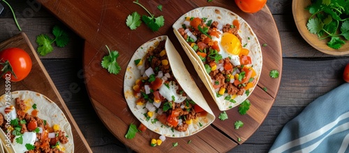 Delicious set of nine traditional Mexican tacos on a rustic wooden table