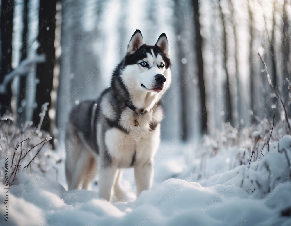 Siberian husky dog in the snow winter forest