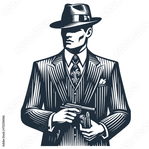 Portrait of a man with a gun and hat. Vintage woodcut engraving style vector illustration.