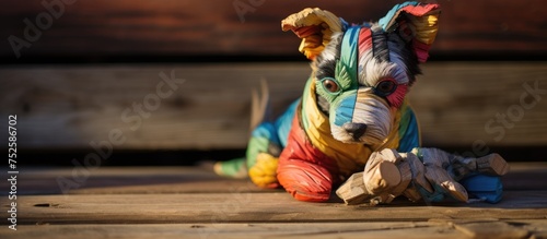 A vibrant dog statue, resembling a torn soft toy, is positioned on a wooden floor. The colors of the statue pop against the natural tones of the wood, creating a playful and eye-catching contrast.