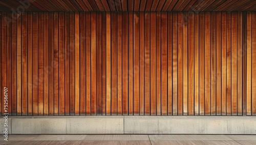 The image shows a wooden slat wall with warm tones  creating a visually pleasing texture with interplay of shadows