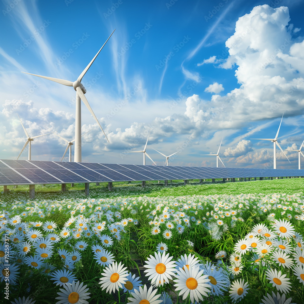 Odnawialne, zielone, ekologiczne źródła energii. Turbiny wiatrowe i panele fotowoltaiczne  - obrazy, fototapety, plakaty 