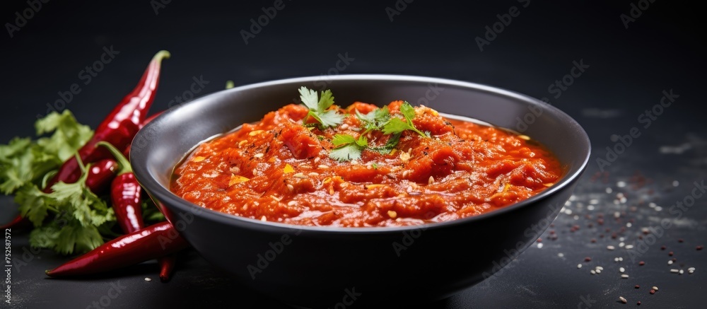 A bowl of chili topped with fresh cilantro leaves, presented on a gray background. The chili is hearty and flavorful, enhanced by the vibrant green cilantro leaves. A bowl of chili topped with fresh cilantro leaves, presented on a gray background. The chili is hearty and flavorful, enhanced by the vibrant green cilantro leaves.