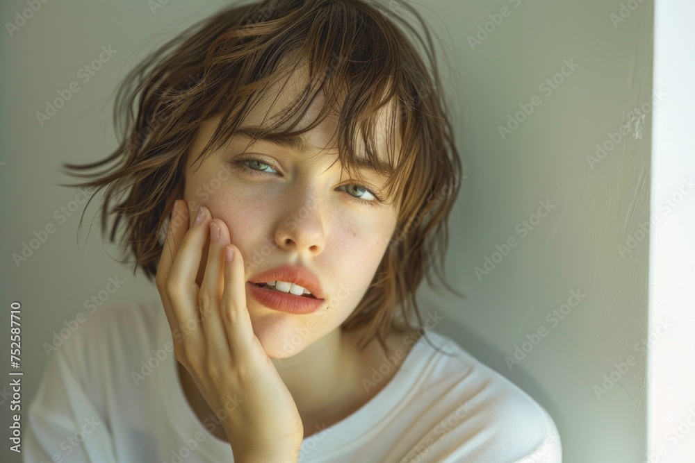 A candid portrait showcasing a young woman with a serene expression, dressed in a stylish white shirt
