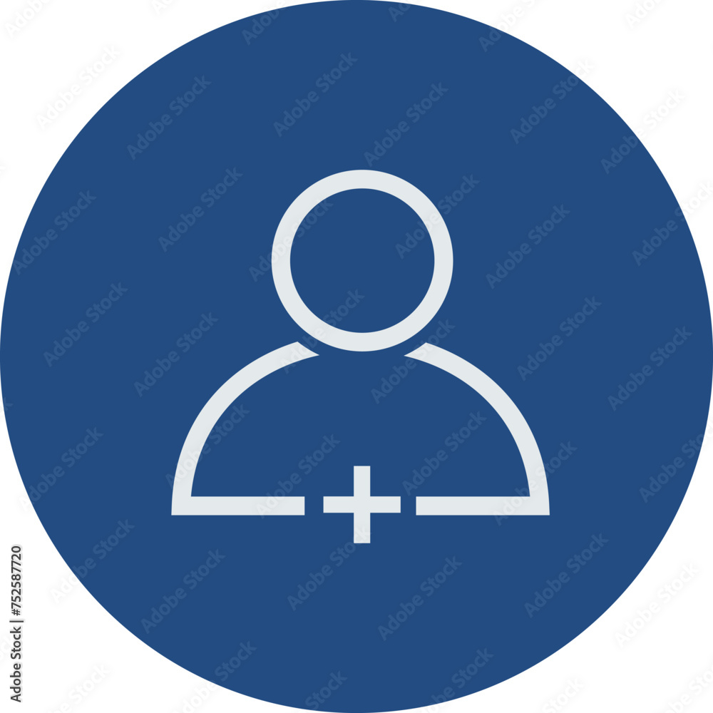 Minimalist user profile with plus sign on a navy blue circular backdrop.User add icon on circle. Minimalist user profile with plus sign on a navy blue circular backdrop.User add icon on circle.